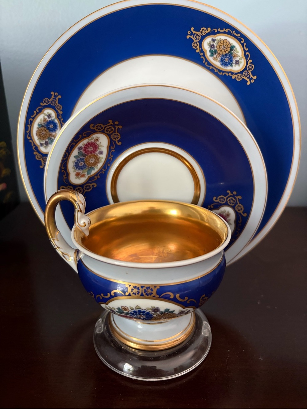 Vintage Cobalt Blue and Gold Porcelain Teacup and Saucer Set